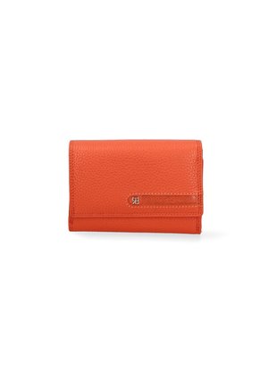 Portafoglio in pelle arancione con texture, design a pieghetta, caratterizzato da un'accattivante accentuazione del logo e cuciture ordinate sui bordi. Compatto e pratico.