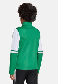 Groene en witte sportjack met een hoge kraag, lange mouwen en gestreepte accenten op de mouwen. Glad textuur en getailleerd ontwerp.