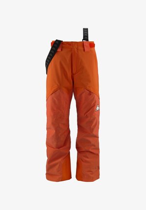 Pantaloni da sci arancioni con tessuto a contrasto testurizzato nella parte bassa delle gambe. Presentano bretelle nere regolabili e un logo sul lato sinistro anteriore.