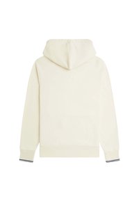 Felpa con cappuccio color crema, caratterizzata da una superficie liscia, maniche lunghe e polsini a coste con righe navy all'orlo.