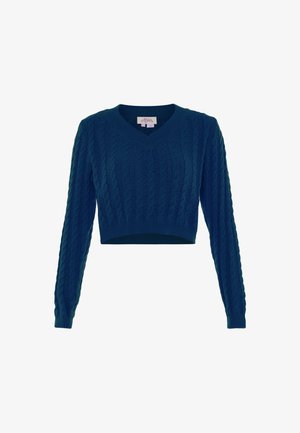 Teal cropped trui met lange mouwen, V-hals en kabelgebreide textuur. Ribgebreide manchetten en zoom versterken het gestructureerde ontwerp.