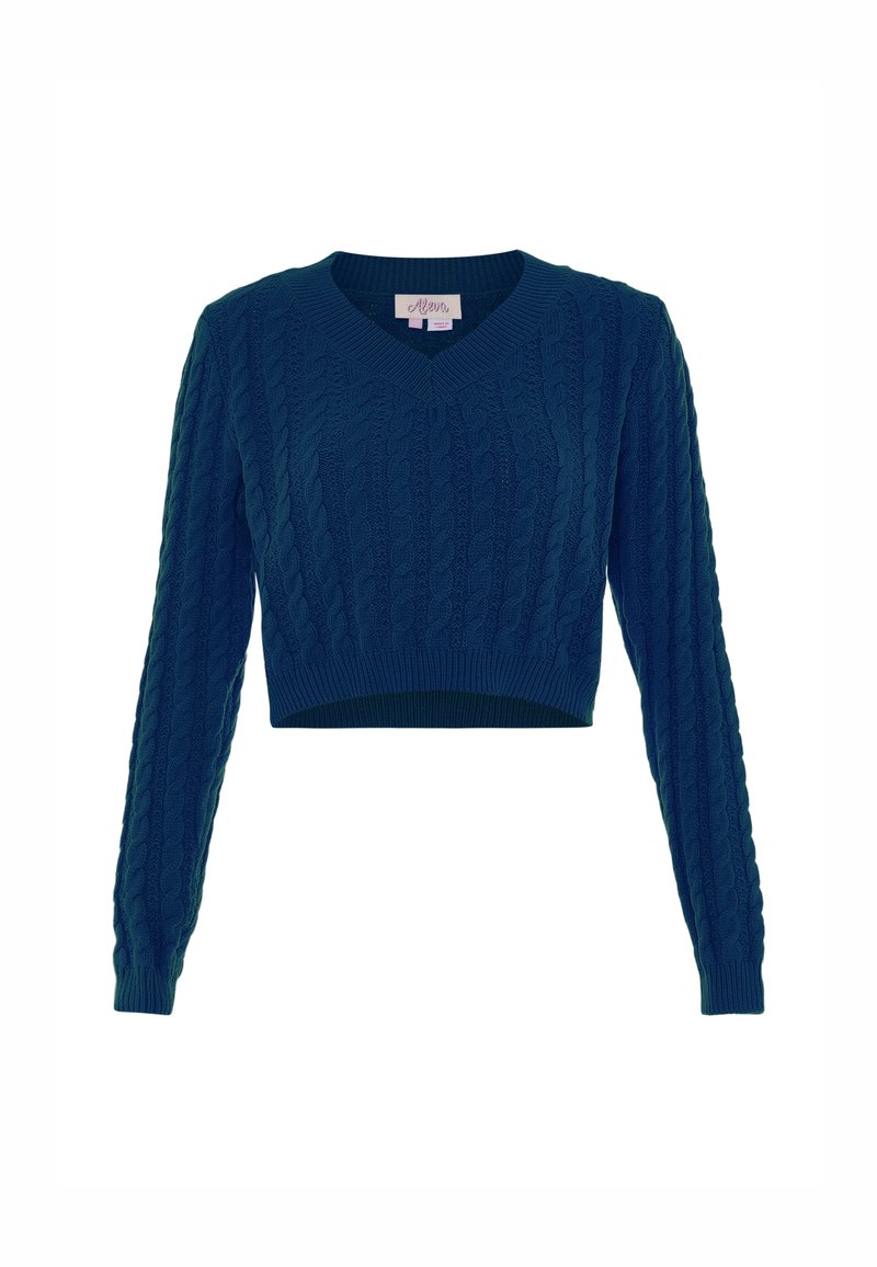 Pulover scurt de culoare teal, cu mâneci lungi, decolteu în V și textură tricotată în model cable-knit. Mansetele și tivul din material în dungi îmbunătățesc designul structurat.