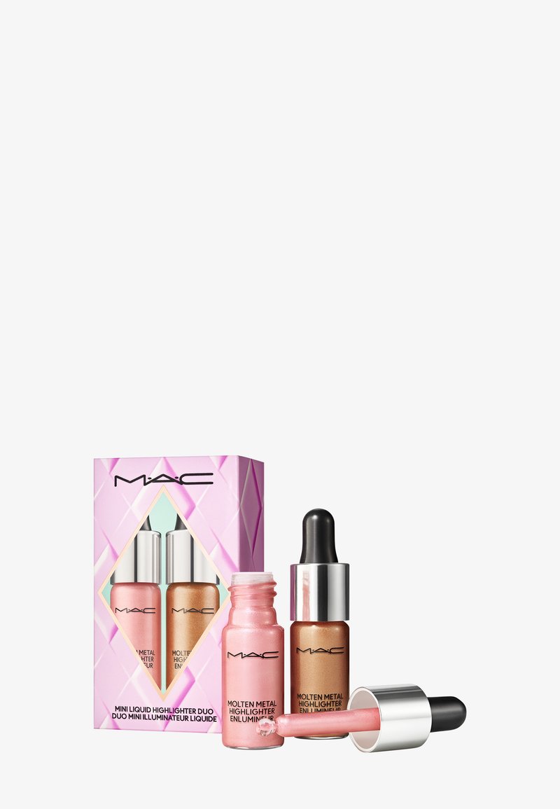 Duo de highlighters liquides MAC Mini dans une boîte rose et teal. Contient un highlighter liquide rose et un highlighter liquide bronze dans des flacons compte-gouttes.