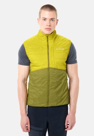 Mann trägt eine zweifarbige grüne, ärmellose gesteppte Weste über einem dunkelgrauen Kurzarmshirt und steht vor einem einfarbigen Hintergrund.