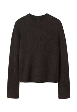 Pull en marron foncé avec une finition texturée, col rond et manches longues. Design simple avec une coupe décontractée et courte.