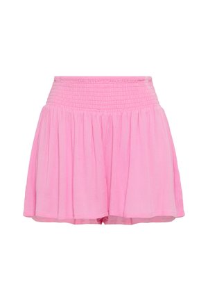 Rosa Minirock mit hohem Bund, der mit einem Smokdetail versehen ist, und darunter gesammeltem, fließendem Stoff.