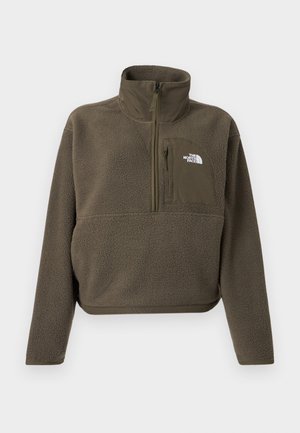 Pull polaire vert olive avec col montant, fermeture zippée au quart et poche avant zippée. Logo blanc sur la poitrine. Coupe courte.