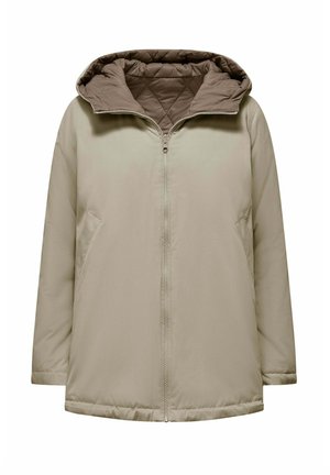 Beige gewatteerde jas met een geëpatcht bruine capuchon, een rits aan de voorkant en zijzakken. Glad textuur, losse pasvorm en gemiddelde lengte.