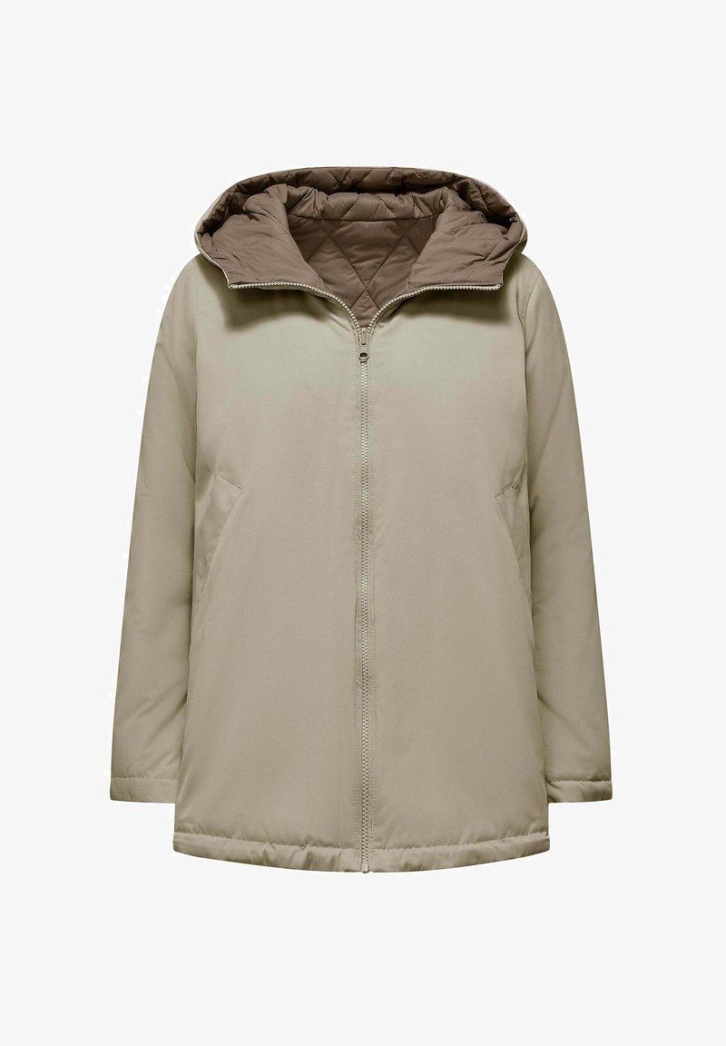 Giacca imbottita beige con cappuccio quilted marrone, chiusura frontale con zip e tasche laterali. Texture liscia, vestibilità ampia e lunghezza media.