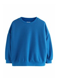 Blaues Sweatshirt mit strukturiertem Finish, Rundhalsausschnitt und langen Ärmeln. Verfügt über gerippte Bündchen und Saum. Lässiger Schnitt mit heruntergesetzten Schulternähten.