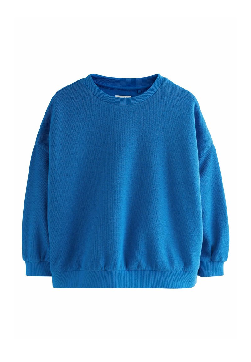 Blaues Sweatshirt mit strukturiertem Finish, Rundhalsausschnitt und langen Ärmeln. Verfügt über gerippte Bündchen und Saum. Lässiger Schnitt mit heruntergesetzten Schulternähten.