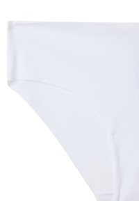 Slip inferiore bianco in bikini realizzato con un tessuto liscio e elastico, dal design senza cuciture e linee pulite, adatto per l'abbigliamento da spiaggia.