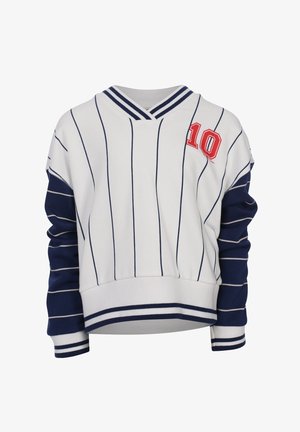 Wit- en marineblauw gestreepte trui met marineblauwe mouwen, verticale krijtstrepen, een V-hals en een rode "10" op de borst.