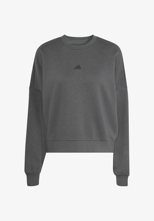 Dunkelgraues Sweatshirt mit Rundhalsausschnitt und langen Ärmeln, Croptop-Passform, mit kleinem schwarzem Adidas-Logo mittig auf der Brust.