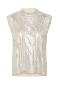 Hurta ilman hihoja, jossa on kaapelikudonta, metallinhopeinen väri ja korkea kaulus. Pehmeä tekstuuri ribbailla reunoilla.