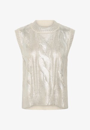 Top bez rukava s uzorkom pletenice, metalik srebrne boje i visokim ovratnikom. Mekana tekstura s rebrastim rubovima.