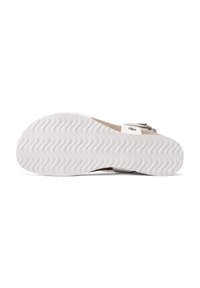 Sandal bianco con suola in gomma testurizzata, footbed in sughero e cinturino regolabile con fibbia in argento. Parte superiore in pelle liscia con design minimal.