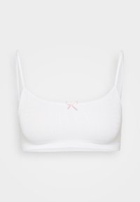 Hvit bralette med teksturert strikkedesign, justerbare stropper og en liten rosa sløyfe i midten foran.