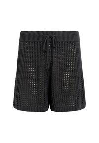 Zwarte gebreide shorts met een losse weefpatroon, elastische trekkoord taille en zijsplitsen. Zacht van textuur met een ontspannen pasvorm.