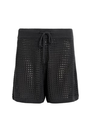 Black knitted shorts with a loose weave pattern, elastic drawstring waist, and side slits. Soft texture with a relaxed fit.