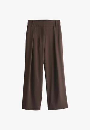 Pruunid laia lõikega püksid vööaasade ja esipoolsete voltidega ning siledat vöökohaga, laotatult valgel taustal.