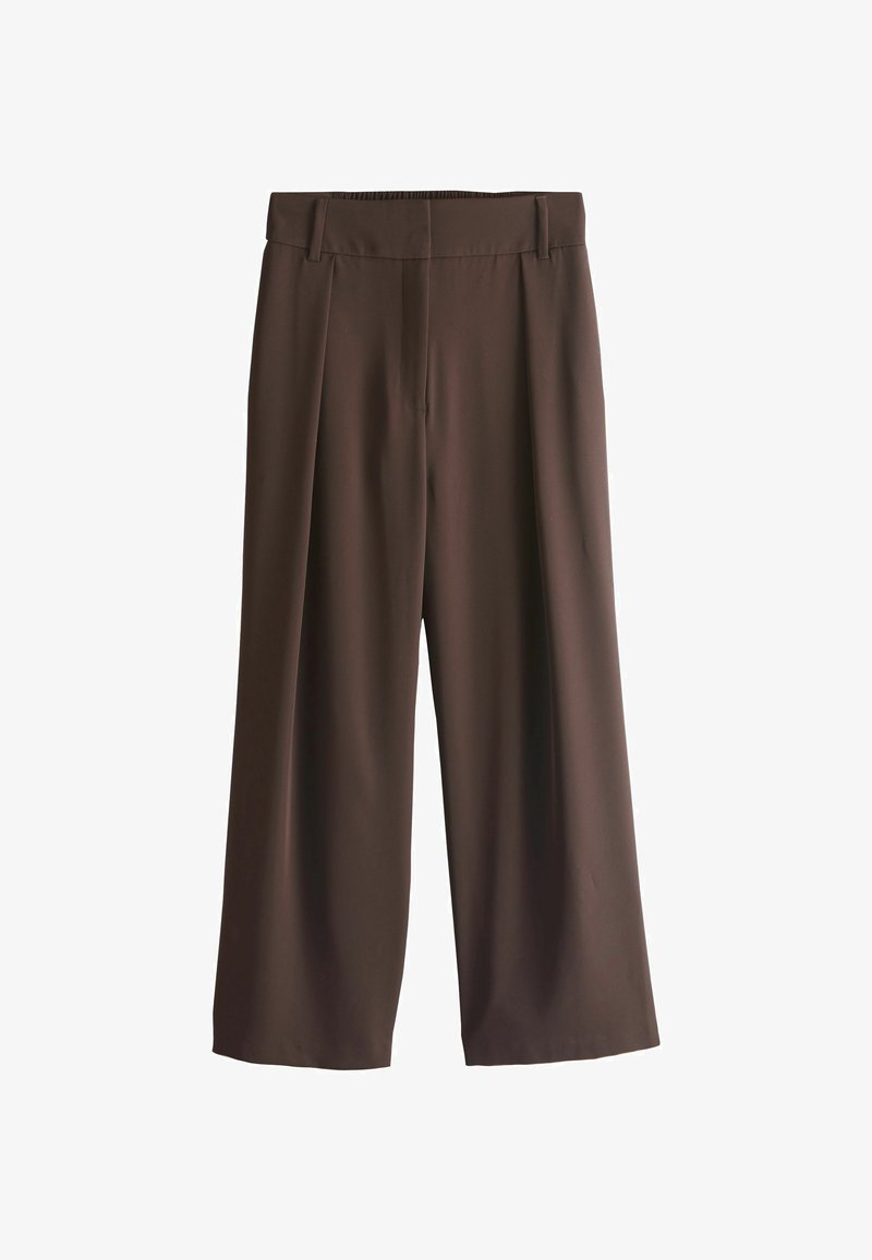 Pantalon marron à jambes larges avec passants de ceinture, plis à l'avant et une ceinture lisse, présenté à plat sur un fond blanc.