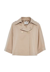 Cappotto trench corto beige con un grande colletto, frontale doppiopetto e maniche oversize; presenta bottoni decorativi e una texture liscia.