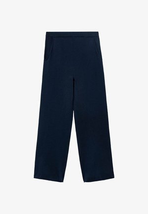 Pantalons larges navy en tissu doux avec une taille élastique, dotés de deux poches latérales et d'une texture lisse.