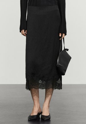 Massimo Dutti, FLOWING MIDI SKIRT WITH LACE DETAIL - Gonna a campana - black