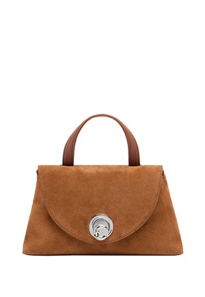 Brown suede handbag with a rounded flap, silver circular hardware, and two short handles. Textured surface complements its structured shape.