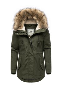 Khaki parka jacka med foder av konstpäls i huvan, dragkedja och tryckknappar, yttre och inre fickor samt ribbade ärmslut.