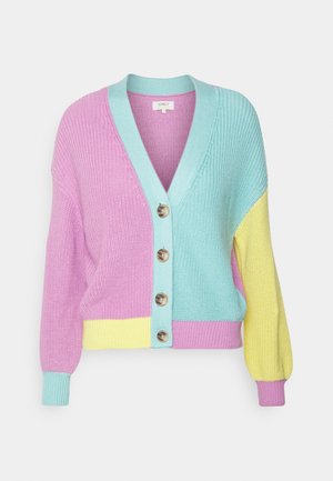 Knit cardigan with button front, featuring color blocks in pastel pink, blue, and yellow, with long sleeves and ribbed cuffs.