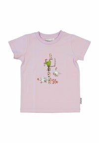 Vaaleanpunainen lyhythihainen t-paita, jossa on värikäs eläinkuvitus, mukaan lukien kana ja kaksi possua, keskeinen suunnittelu.