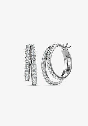 Orecchini a cerchio in argento con due file parallele di pietre di zirconia cubica trasparenti incastonate lungo l'esterno, finitura lucida, chiusura a cerniera.