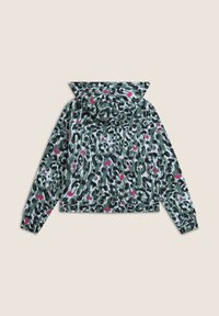Giacca con cappuccio in stampa leopardata verde, nera e bianca con accenti rosa. Presenta maniche lunghe, polsini elastici e un taglio corto.