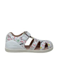 Sandali bianchi per bambini con motivi di animali colorati, design aperto all'avampiede, chiusura con cinturino e soletta imbottita. Suola in gomma per una buona aderenza.