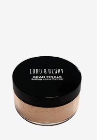 Contenitore di cipria libera con base trasparente e un coperchio nero. Il testo sul coperchio recita "LORD & BERRY GRAN FINALE Cipria Libera Fissante."