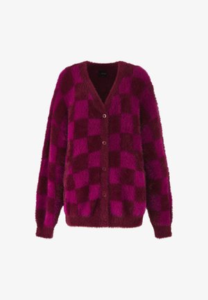 Cardigan morbido in un intenso borgogna scuro con un vivace motivo a quadri rosa, con scollatura a V e cinque bottoni sulla parte anteriore. Maniche lunghe.