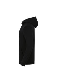 Haut à capuche noir avec une poche avant, des manches longues et une coupe décontractée. Tissu lisse, design minimaliste et capuche proéminente pour une meilleure protection.