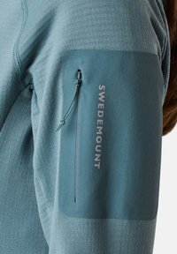 Long-sleeve teal sweatshirt features a soft fabric, ribbed texture, and a zippered pocket on the sleeve with "SWEDEMOUNT" branding.