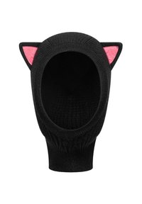 Schwarze gestrickte Mütze mit offenem Gesicht und rosa Filz-Katzenohren. Die Struktur ist gerippt, und das Design ist tierisch inspiriert.