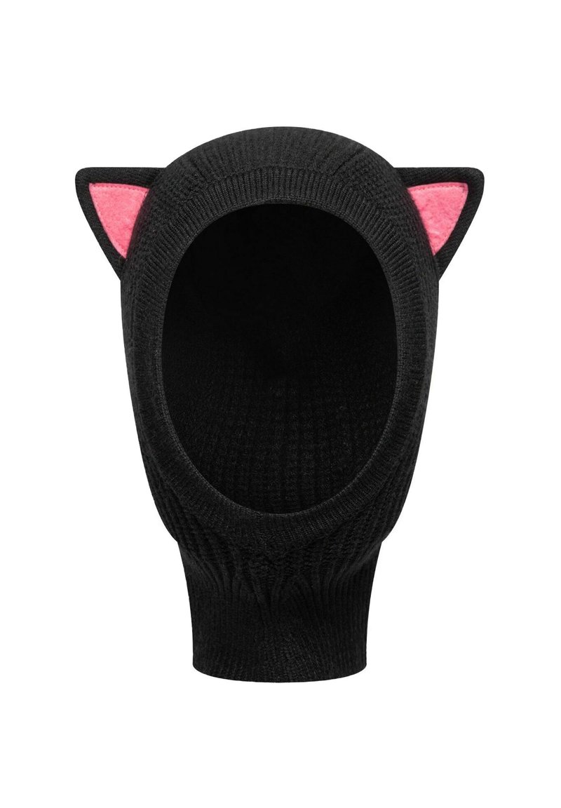 Schwarze gestrickte Mütze mit offenem Gesicht und rosa Filz-Katzenohren. Die Struktur ist gerippt, und das Design ist tierisch inspiriert.