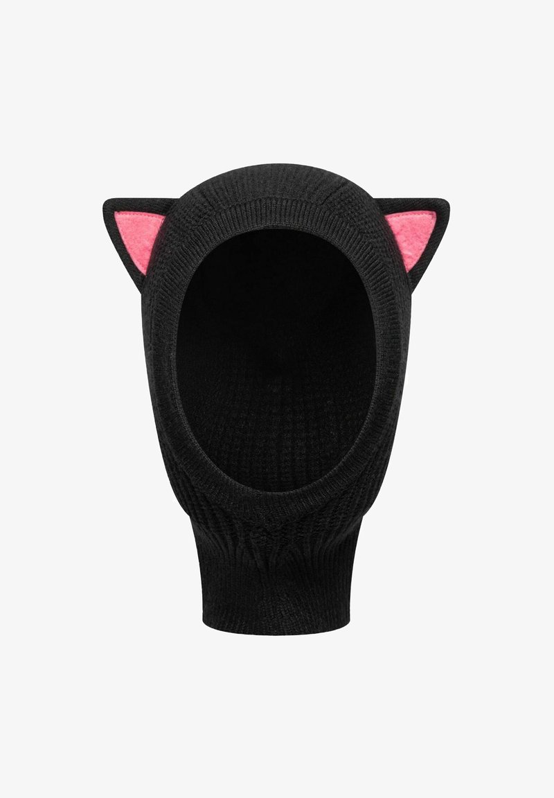 Schwarze gestrickte Mütze mit offenem Gesicht und rosa Filz-Katzenohren. Die Struktur ist gerippt, und das Design ist tierisch inspiriert.