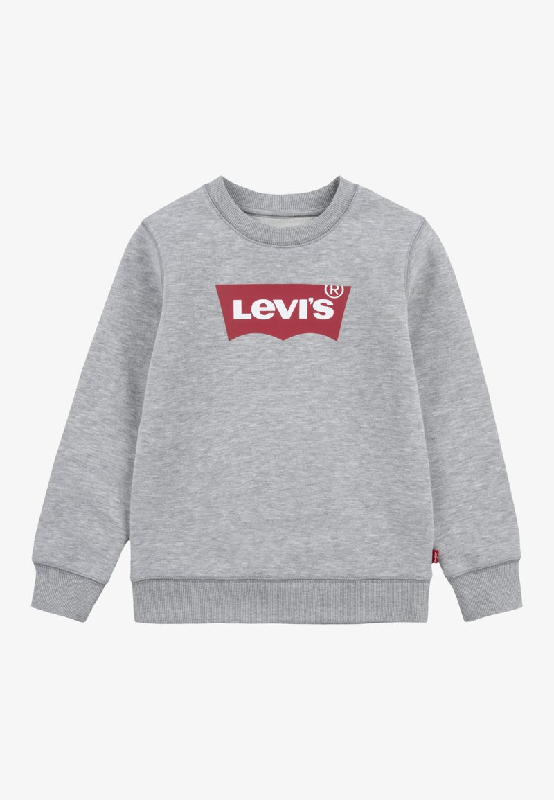 Sweat-shirt gris à col rond avec manches longues, poignets et ourlet côtelés, arborant un logo Levi's rouge sur la poitrine.