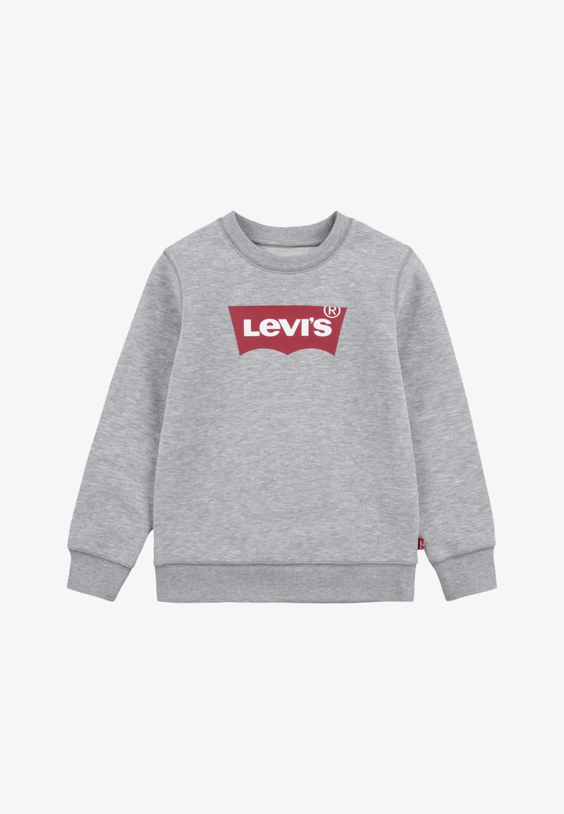 Sweat-shirt gris à col rond avec manches longues, poignets et ourlet côtelés, arborant un logo Levi's rouge sur la poitrine.