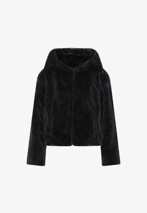Black faux fur cropped jacket with a hood, long sleeves, and two front pockets. Soft texture, simple design, no visible hardware or patterns.