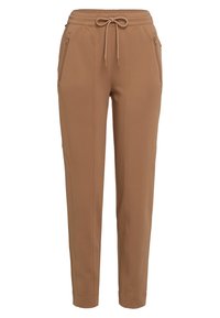 Brown tapered pants with drawstring waist and zippered side pockets, tailored seams, and ankle-length hem.