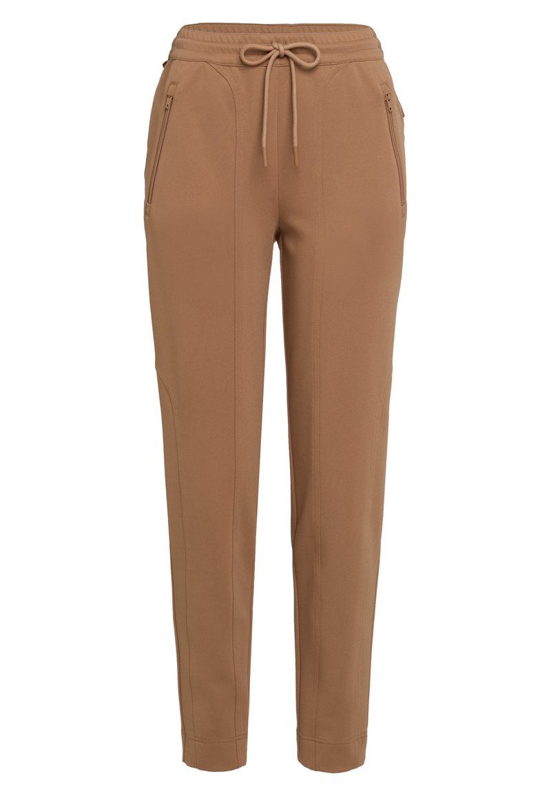 Brown tapered pants with drawstring waist and zippered side pockets, tailored seams, and ankle-length hem.