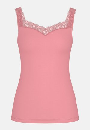 Roze tanktop met een aansluitende pasvorm, voorzien van kant langs de halslijn en bandjes. Soepele textuur en lichtgewicht stof.