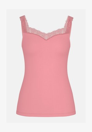 Débardeur rose à coupe ajustée, orné d'une bordure en dentelle le long de l'encolure et des bretelles. Texture lisse et tissu léger.